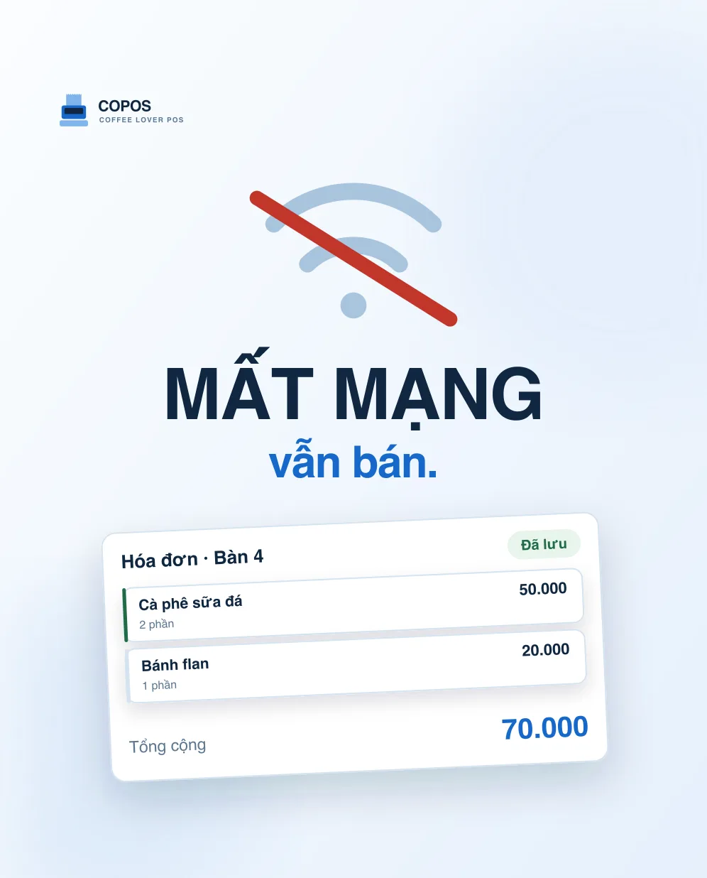 Sóng WiFi đứt, hóa đơn Bàn 4 vẫn cộng xong và đã lưu