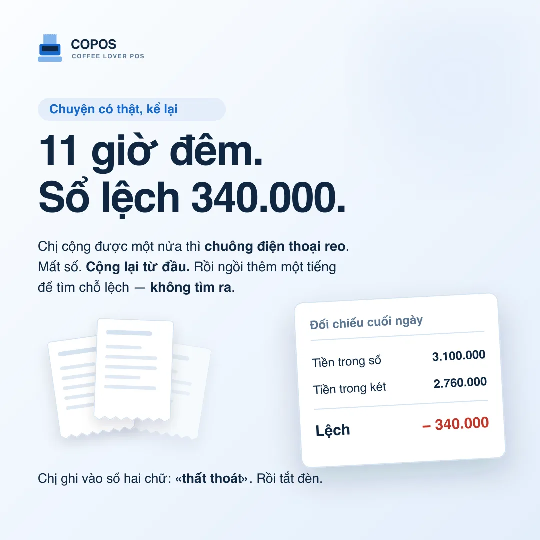 11 giờ đêm, cộng lại từ đầu, sổ lệch 340.000