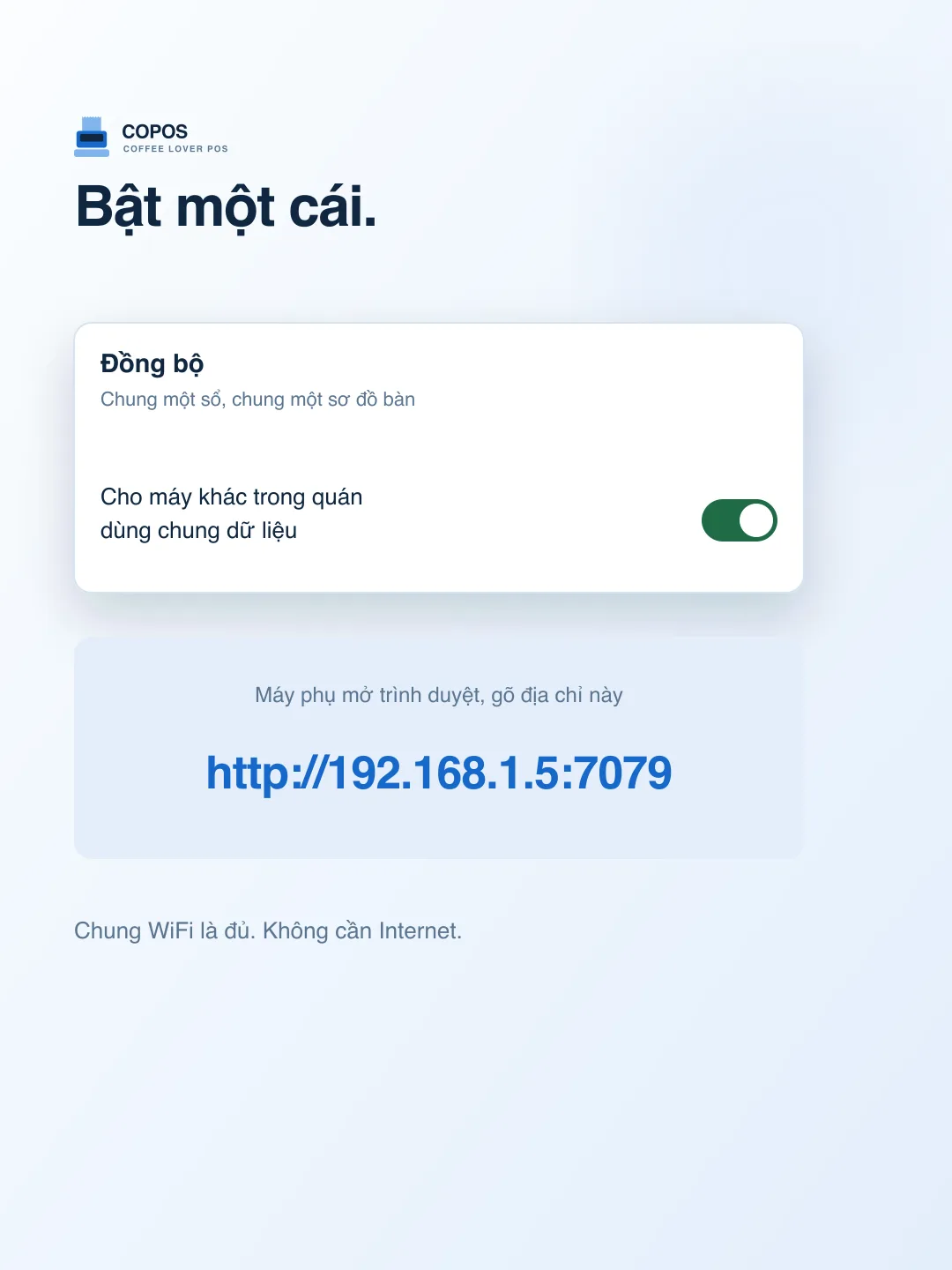 Công tắc Cho máy khác trong quán dùng chung dữ liệu, rồi hiện địa chỉ