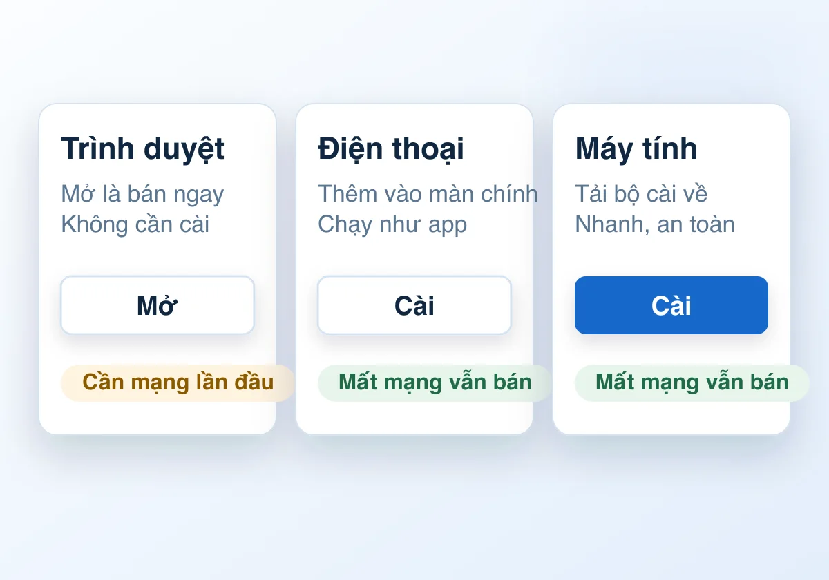 Ba cách cài: iPhone qua Safari, Android qua Chrome hoặc file APK, máy tính qua bản cài